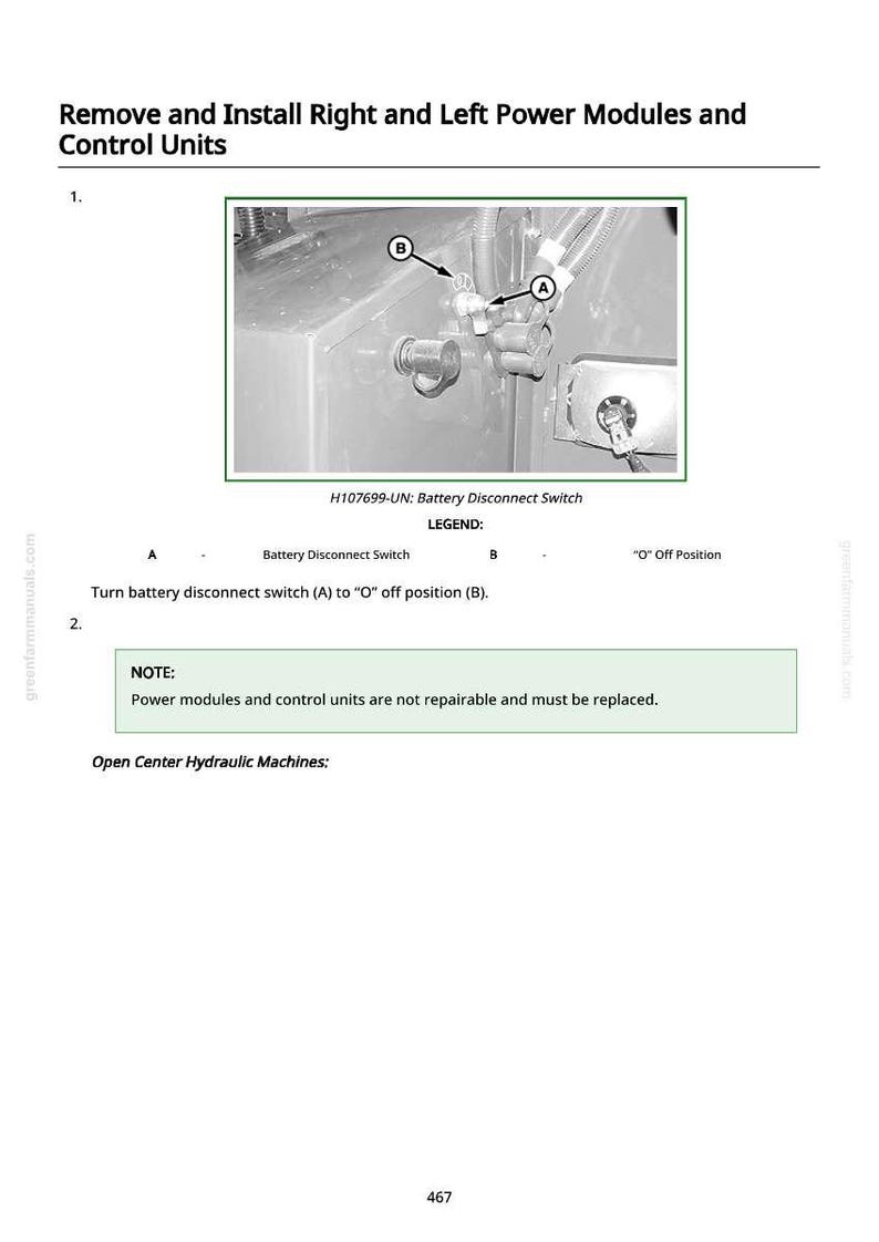 May include: Image from a manual showing the removal and installation of power modules and control units. The image includes a close-up of a battery disconnect switch and text instructions. The text includes the legend and instructions.