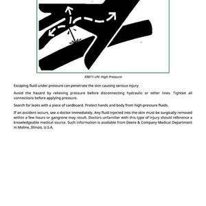 May include: A safety diagram with the text "Avoid High-Pressure Fluids." The image shows a black silhouette of a hand with arrows indicating fluid flow and potential injury. The text "X9811-UN: High Pressure" is also present.