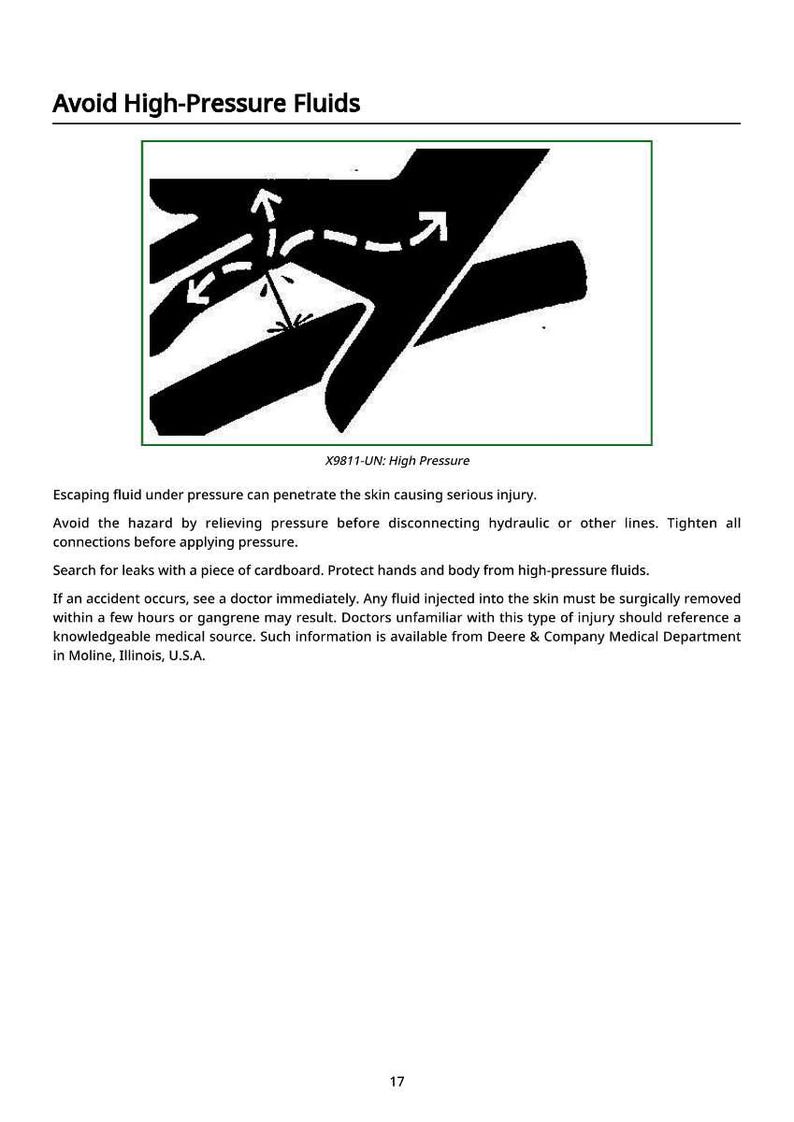May include: A safety diagram with the text "Avoid High-Pressure Fluids." The image shows a black silhouette of a hand with arrows indicating fluid flow and potential injury. The text "X9811-UN: High Pressure" is also present.