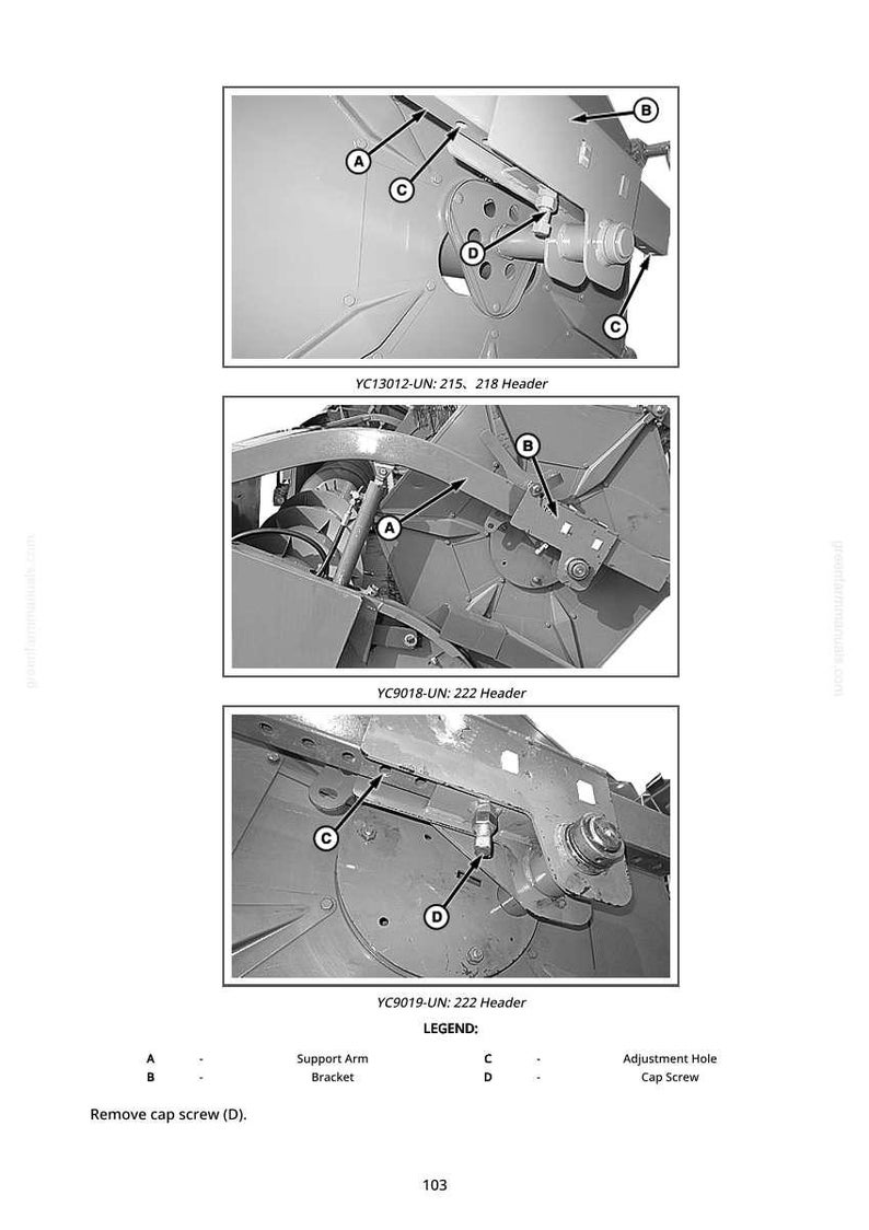 May include: Technical diagram with three detailed views of machinery components. The images are labeled with codes and descriptions, including "Support Arm," "Bracket," and "Cap Screw." The diagram also includes a legend and instructions to remove a cap screw.