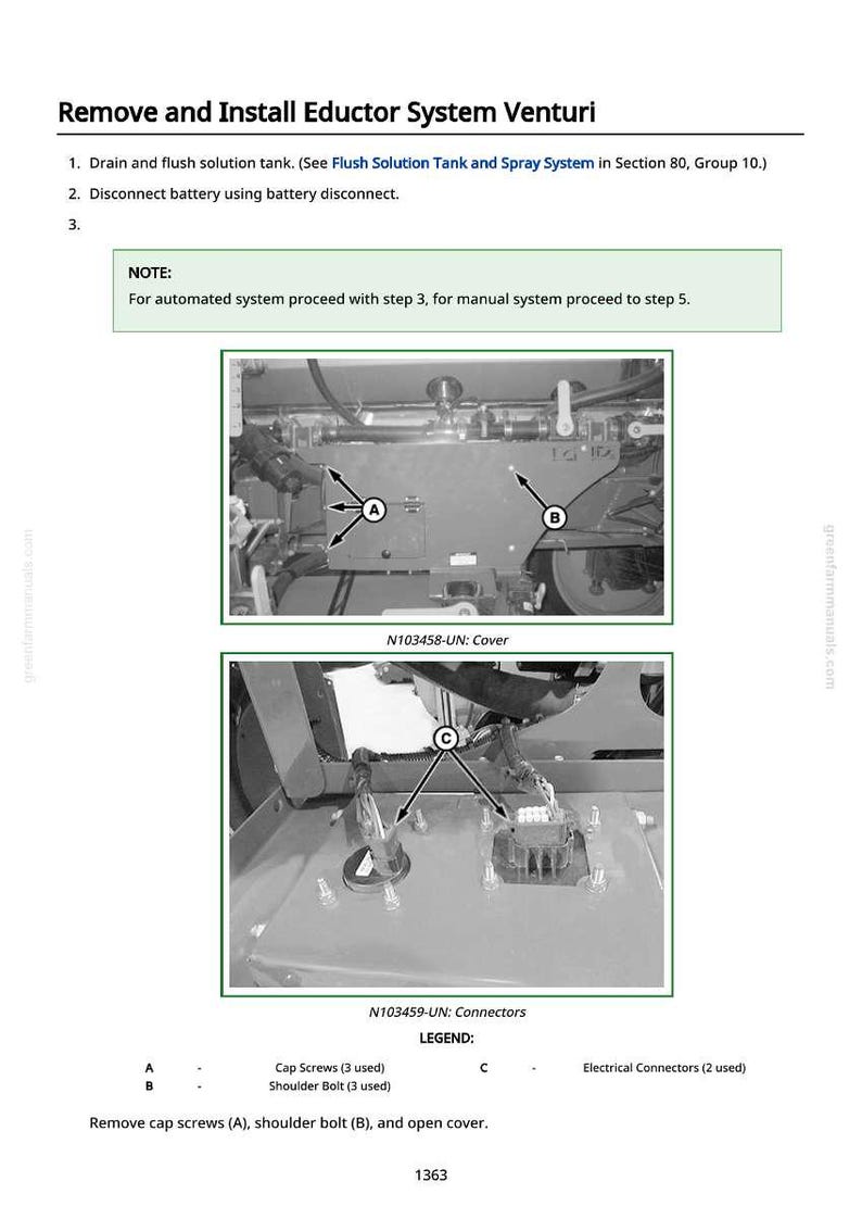 May include: Diagram illustrating the removal and installation of an Eductor System Venturi. The image includes instructions, diagrams, and labels for cap screws, shoulder bolts, and electrical connectors. Text includes "Remove and Install Eductor System Venturi."