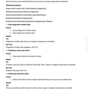 May include: A white page with black text detailing diagnostic steps for a seed sensor. The text includes troubleshooting steps for seed meter and seed tube issues, with OK and NOT OK results.