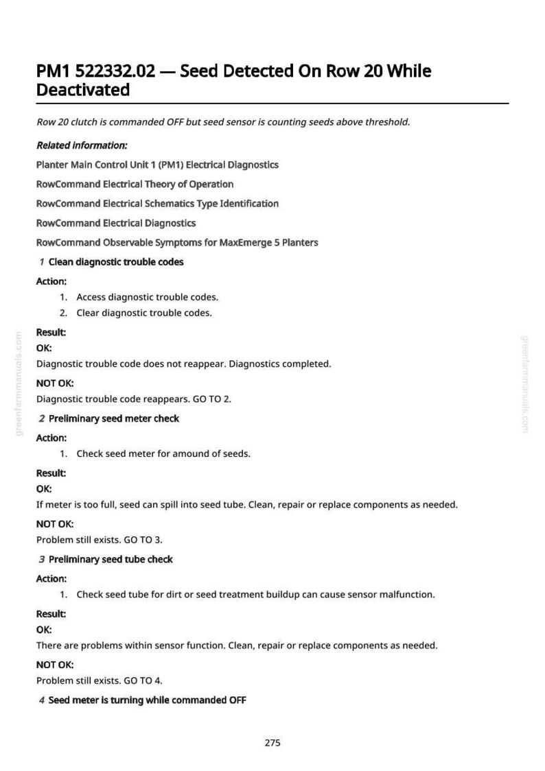 May include: A white page with black text detailing diagnostic steps for a seed sensor. The text includes troubleshooting steps for seed meter and seed tube issues, with OK and NOT OK results.