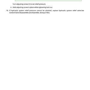 May include: White page with instructions for adjusting a screw to increase or decrease pressure. The text includes steps for setting relief pressure and replacing a hydraulic system relief valve if needed. The page also includes the number 1321.