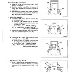 Peut inclure: Sch&eacute;ma technique pour l'assemblage du moteur de translation, avec des illustrations et des instructions d&eacute;taill&eacute;es. Comprend les &eacute;tapes d'assemblage de l'arbre de transmission, l'installation des roulements et les ajustements de jeu. Mesures en kN et mm.