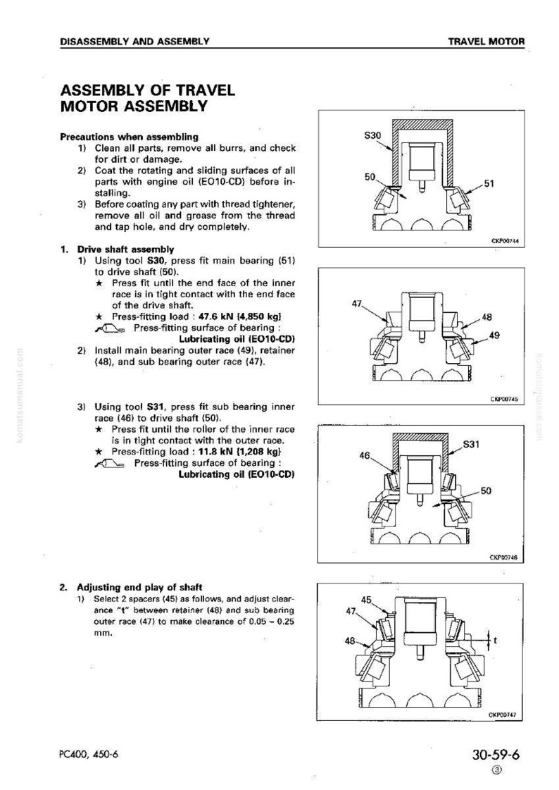 Peut inclure: Sch&eacute;ma technique pour l'assemblage du moteur de translation, avec des illustrations et des instructions d&eacute;taill&eacute;es. Comprend les &eacute;tapes d'assemblage de l'arbre de transmission, l'installation des roulements et les ajustements de jeu. Mesures en kN et mm.