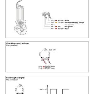 May include: Diagram of a motor backrest with electrical connection details, including pin configurations and voltage specifications. The image includes text labels and a schematic for checking supply voltage and hall signal.