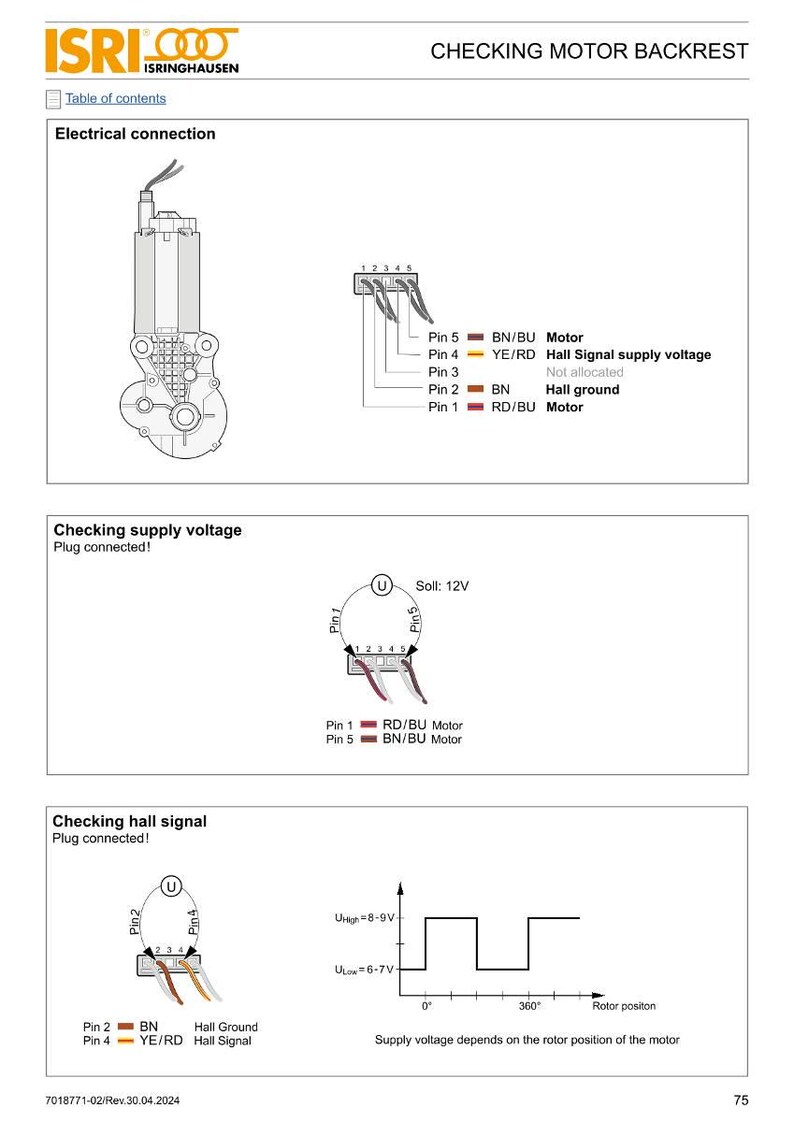 May include: Diagram of a motor backrest with electrical connection details, including pin configurations and voltage specifications. The image includes text labels and a schematic for checking supply voltage and hall signal.