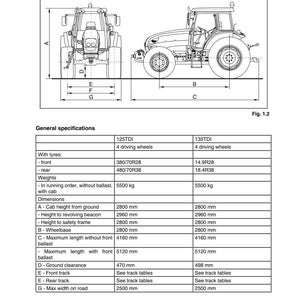 May include: Technical drawing of a tractor, showing front and side views with dimensions in millimeters. Includes specifications for 125TDI and 135TDI models, detailing tire sizes, weights, and measurements such as cab height and wheelbase.