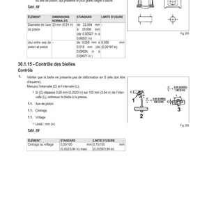 Op de afbeelding: Technische diagrammen en tabellen met metingen van zuigers en drijfstangen, met standaard- en slijtagelimieten. Afmetingen in millimeters. Inclusief componentdiagrammen.