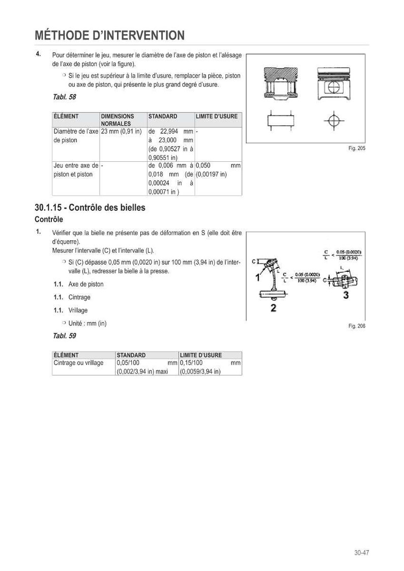 Op de afbeelding: Technische diagrammen en tabellen met metingen van zuigers en drijfstangen, met standaard- en slijtagelimieten. Afmetingen in millimeters. Inclusief componentdiagrammen.