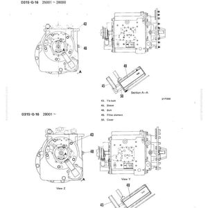 May include: Diagram of a Hydrashift transmission, labeled D31S-Q-16, showing structure and function. The image includes detailed views of the transmission components, including tie bolts, sleeves, bolts, filter elements, and covers. Technical illustration.