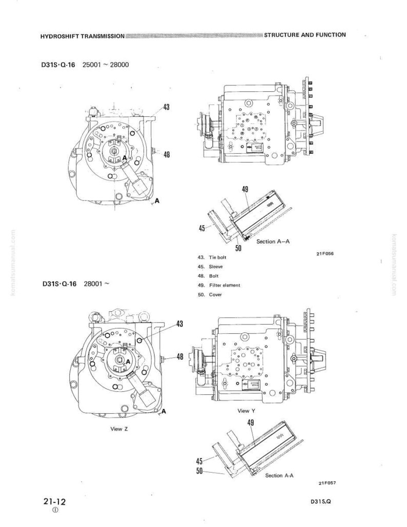 May include: Diagram of a Hydrashift transmission, labeled D31S-Q-16, showing structure and function. The image includes detailed views of the transmission components, including tie bolts, sleeves, bolts, filter elements, and covers. Technical illustration.