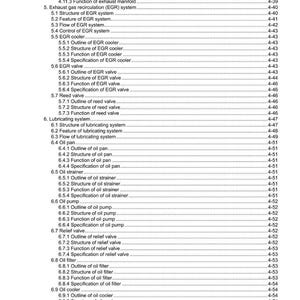 May include: A detailed table of contents from a technical manual, listing various engine components and their functions. The document includes sections on exhaust manifolds, EGR systems, oil strainers, and oil pumps. The text is in black font on a white background.