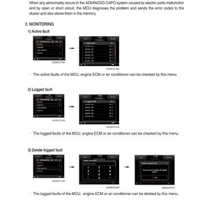 May include: A page from a manual detailing a self-diagnostic system, with sections on outline, monitoring, and deleting logged faults. The images show menu screens with fault information.