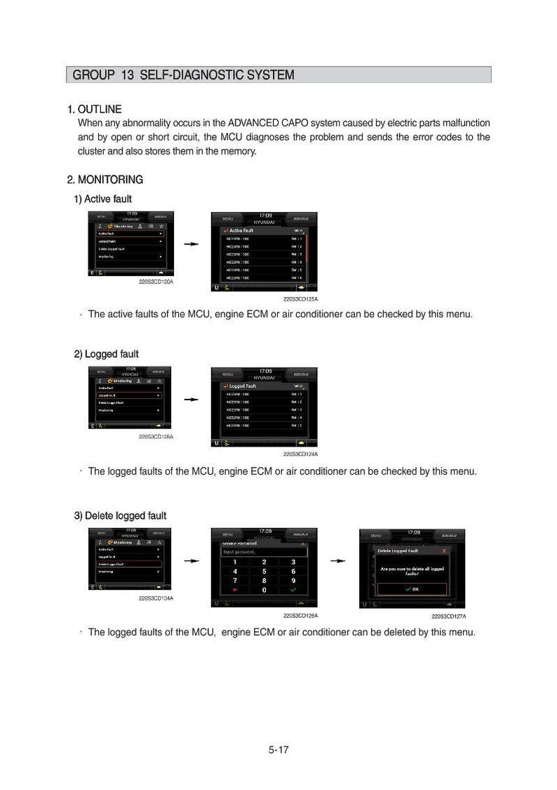 May include: A page from a manual detailing a self-diagnostic system, with sections on outline, monitoring, and deleting logged faults. The images show menu screens with fault information.