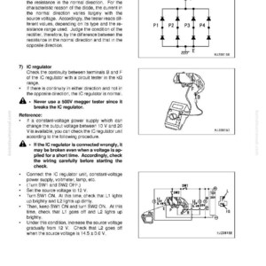 May include: Diagram of an alternator with electrical components and wiring schematics. Includes a circuit diagram with diodes, and illustrations of a multimeter and other electrical components. Text includes instructions and references.