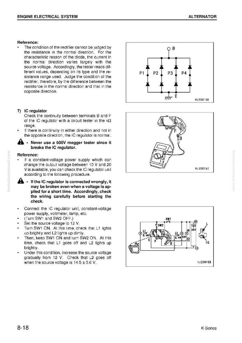 May include: Diagram of an alternator with electrical components and wiring schematics. Includes a circuit diagram with diodes, and illustrations of a multimeter and other electrical components. Text includes instructions and references.