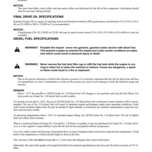 Peut inclure: Un document technique intitul&eacute; &laquo;&nbsp;GENERAL FUEL COOLANT AND LUBRICANTS&nbsp;&raquo;. Il contient des avis, des avertissements et des sp&eacute;cifications pour le carburant diesel, y compris des avertissements de risque d'incendie et des exigences en mati&egrave;re de carburant. Le document comprend &eacute;galement le texte &laquo;&nbsp;PC200-6LL/PC220LL-6&nbsp;&raquo; et &laquo;&nbsp;01-13&nbsp;&raquo;.