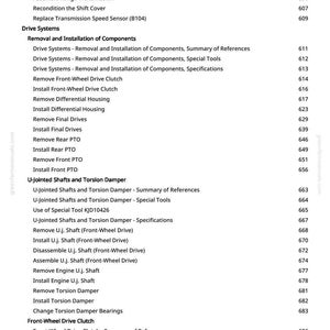 May include: A page from a manual with a table of contents. The text includes terms like "Range Transmission," "Drive Systems," and "Front-Wheel Drive Clutch." Page number 10 is visible at the bottom.