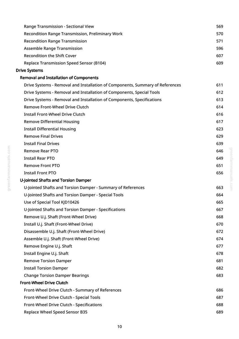 May include: A page from a manual with a table of contents. The text includes terms like "Range Transmission," "Drive Systems," and "Front-Wheel Drive Clutch." Page number 10 is visible at the bottom.
