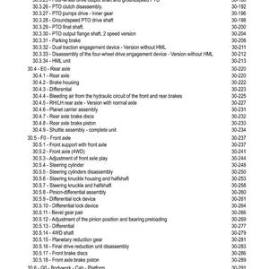May include: A page from a manual titled "CONTENTS" with a list of mechanical components and their corresponding page numbers. The text is black on a white background. The list includes items like axles, brakes, and gears.