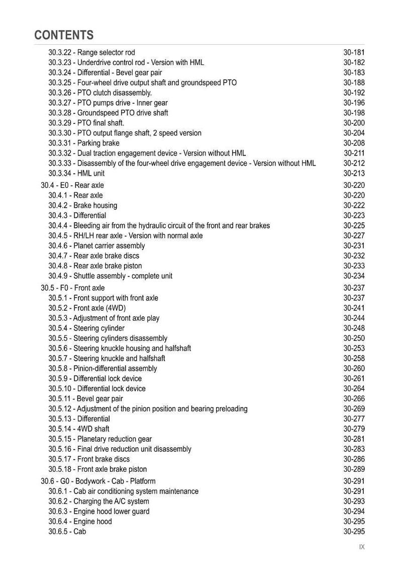 May include: A page from a manual titled "CONTENTS" with a list of mechanical components and their corresponding page numbers. The text is black on a white background. The list includes items like axles, brakes, and gears.