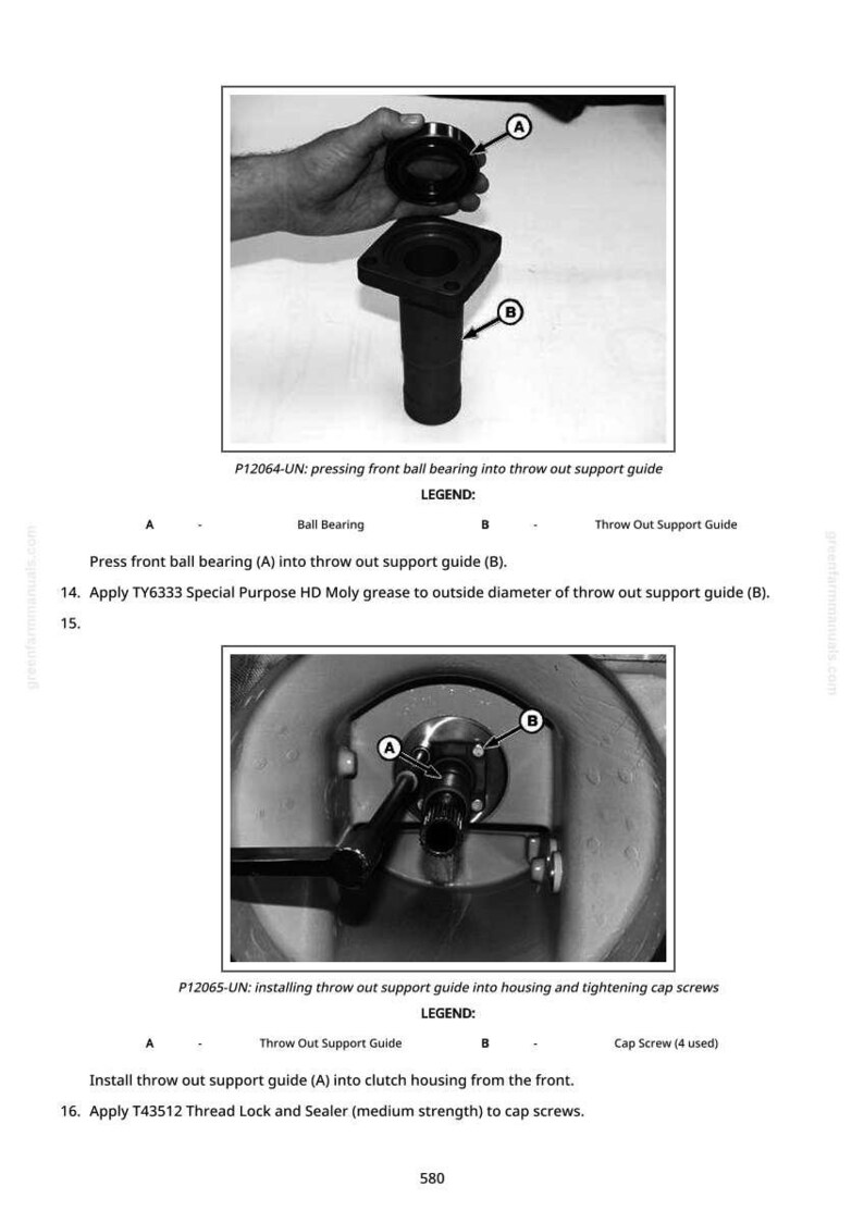 May include: Black and white technical diagram illustrating the assembly of mechanical parts. The diagram includes a ball bearing, a throw out support guide, and cap screws. Text labels identify each part for assembly.