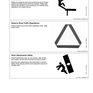Op de afbeelding: Een pagina uit een veiligheidshandboek met drie waarschuwingsborden. Het eerste bord toont een persoon die van een platform valt. Het tweede bord is een witte driehoek met een rode rand. Het derde bord toont een persoon en een vallend object.