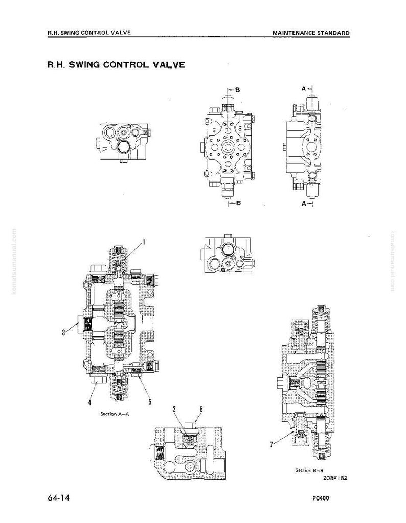 K&ouml;nnte beinhalten: Technische Zeichnung eines R.H. Swing Control Valve mit mehreren Ansichten und Querschnitten. Das Diagramm enth&auml;lt Beschriftungen und Ma&szlig;e, mit dem Text "MAINTENANCE STANDARD" oben. Das Diagramm ist in Schwarzwei&szlig; gehalten.