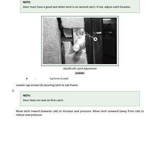 Puede incluir: Diagrama que ilustra las instrucciones de ajuste de la puerta. La imagen incluye un primer plano de un mecanismo de pestillo de puerta con etiquetas y flechas. El texto proporciona notas sobre el sellado y el ajuste del pestillo.