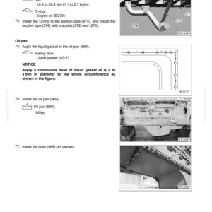 May include: Diagram of engine assembly instructions. Includes illustrations of suction pipe installation with brackets, oil pan application, and bolt installation. Measurements are in Nm and kg.