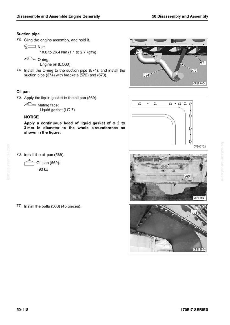 May include: Diagram of engine assembly instructions. Includes illustrations of suction pipe installation with brackets, oil pan application, and bolt installation. Measurements are in Nm and kg.