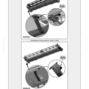 May include: Diagram of agricultural machinery components, including a sensor labeled B39. The image includes close-up views and labels XG340944 and XG302318, with text indicating calibration procedures after sensor replacement.