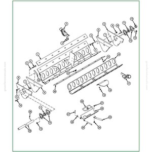 May include: An exploded diagram of a Repair Central Commodity System Seed Tank Manifold with steel end plates. The diagram is labeled with numbers and includes various components like brackets, plates, and tubes, all in black and white.