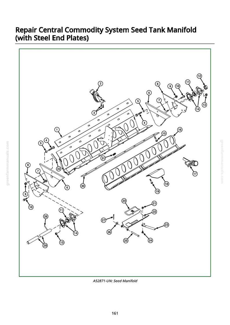 May include: An exploded diagram of a Repair Central Commodity System Seed Tank Manifold with steel end plates. The diagram is labeled with numbers and includes various components like brackets, plates, and tubes, all in black and white.