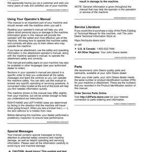 May include: A page from a John Deere operator's manual, titled "Introduction." The manual provides information on machine operation, safety, and service, including contact details for parts and technical support. The page includes a caution symbol.
