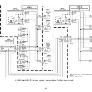 May include: Electrical schematic diagram for dry fertilizer lighting and transport lights. The diagram includes lighting modules, wiring harnesses, and various electrical components. Text includes "Dry Fertilizer Lighting - Transport Lights (NA) Electrical Schematic."
