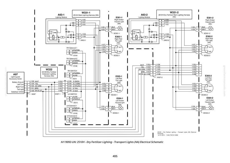 May include: Electrical schematic diagram for dry fertilizer lighting and transport lights. The diagram includes lighting modules, wiring harnesses, and various electrical components. Text includes "Dry Fertilizer Lighting - Transport Lights (NA) Electrical Schematic."
