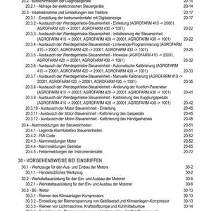 May include: A detailed table of contents in German, featuring various sections on tractor maintenance and repair. The document includes topics like diagnostics, control units, and engine procedures, with page numbers.