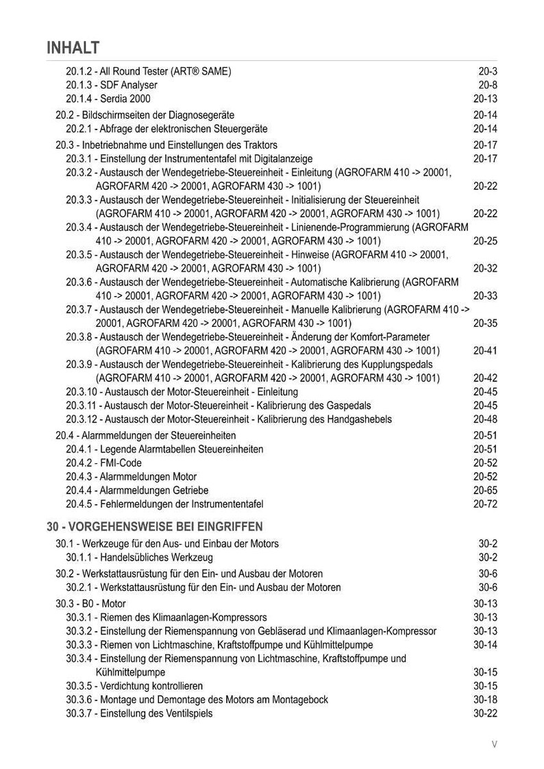 May include: A detailed table of contents in German, featuring various sections on tractor maintenance and repair. The document includes topics like diagnostics, control units, and engine procedures, with page numbers.
