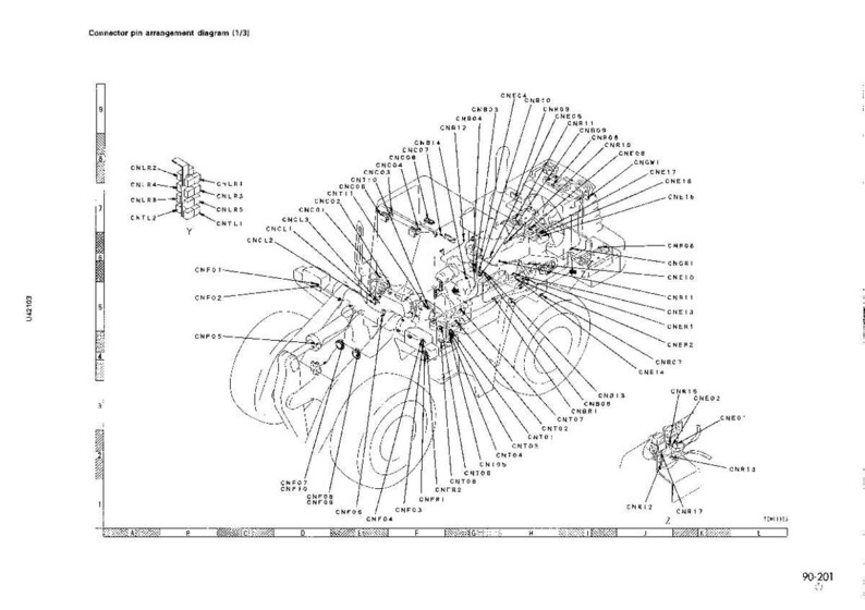 May include: A detailed technical diagram of a mechanical component, featuring numerous labeled connectors and pin arrangements. The diagram is in black and white, with lines and labels indicating various parts and their connections. The title reads "Connector pin arrangement diagram (1/3)".
