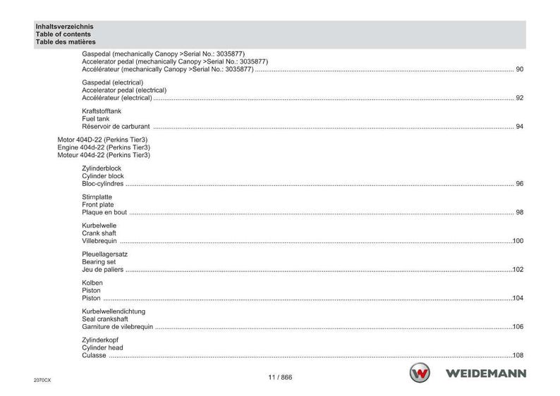 May include: A manual page featuring a table of contents in German, English, and French. It details mechanical and electrical components such as gas pedals, fuel tanks, and engine parts. The Weidemann logo is visible at the bottom right.