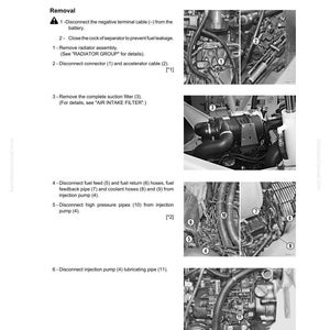 K&ouml;nnte beinhalten: Detaillierte Diagramm zur Demontage und Montage einer Einspritzpumpe. Das Bild zeigt nummerierte Schritte mit Nahaufnahmen von Motorkomponenten wie Schl&auml;uchen und Filtern. Textanweisungen werden f&uuml;r jeden Schritt bereitgestellt.