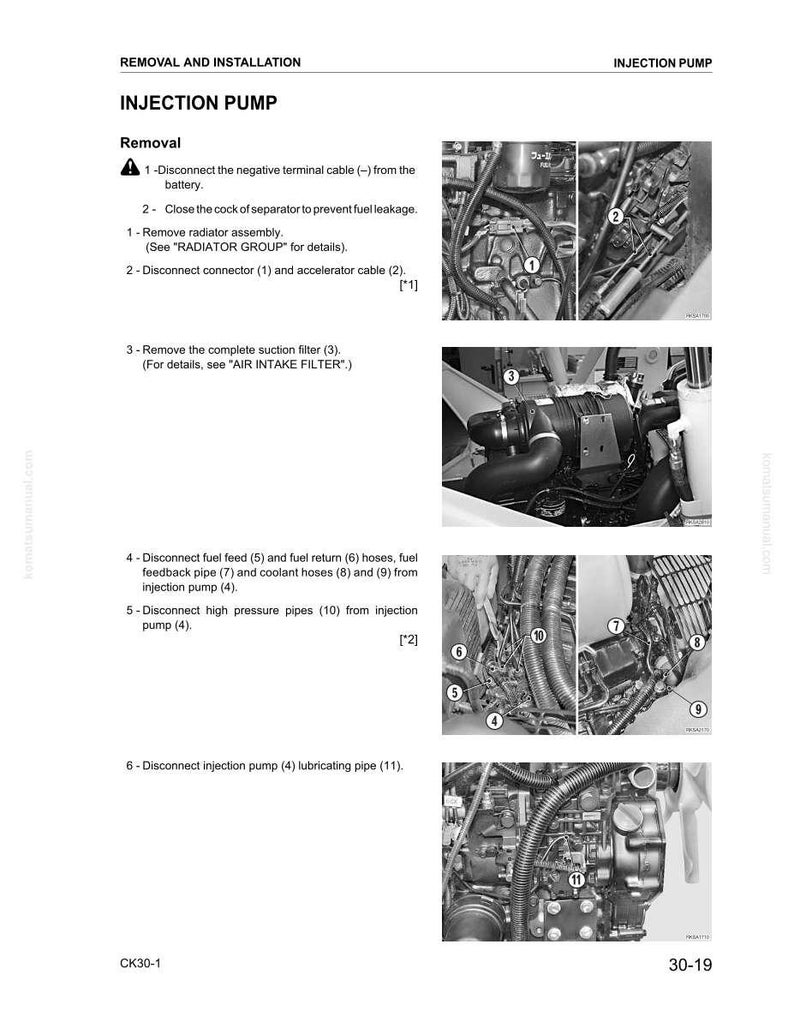 K&ouml;nnte beinhalten: Detaillierte Diagramm zur Demontage und Montage einer Einspritzpumpe. Das Bild zeigt nummerierte Schritte mit Nahaufnahmen von Motorkomponenten wie Schl&auml;uchen und Filtern. Textanweisungen werden f&uuml;r jeden Schritt bereitgestellt.