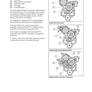 May include: Diagram illustrating timing gears, including camshaft, idler, high-pressure pump, crankshaft, PTO, and small idler gears. Three different gear assembly configurations are shown, with numbered labels.