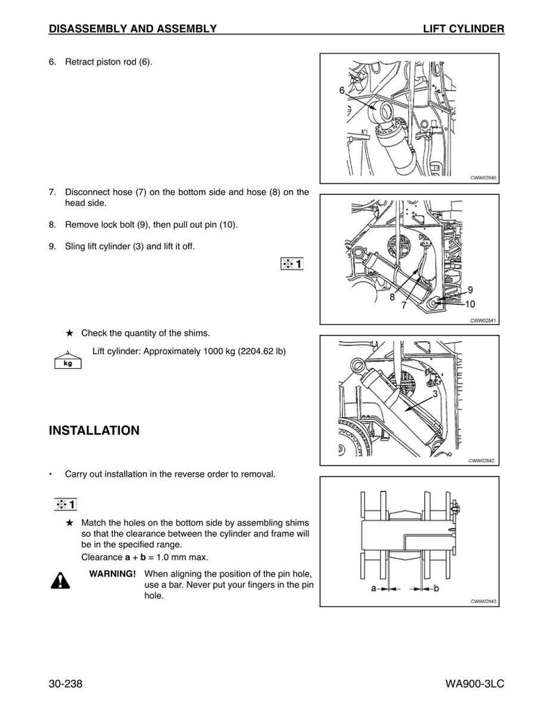 May include: Diagram of lift cylinder disassembly and assembly instructions. Includes steps to retract the piston rod, disconnect hoses, remove bolts, and sling the lift cylinder. Text includes a warning about pin hole alignment.