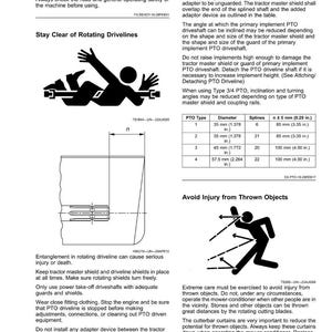 May include: Safety instructions diagram with warnings about rotating drivelines and thrown objects. Includes a table with PTO type, diameter in inches, splines, and n &plusmn; 5 mm measurements. Black and white illustrations.