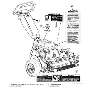 May include: Diagram of a lawn mower with safety labels. The labels warn about hot surfaces, rotating blades, and the need for shields. Text includes "WARNING", "CAUTION", and "DANGER".