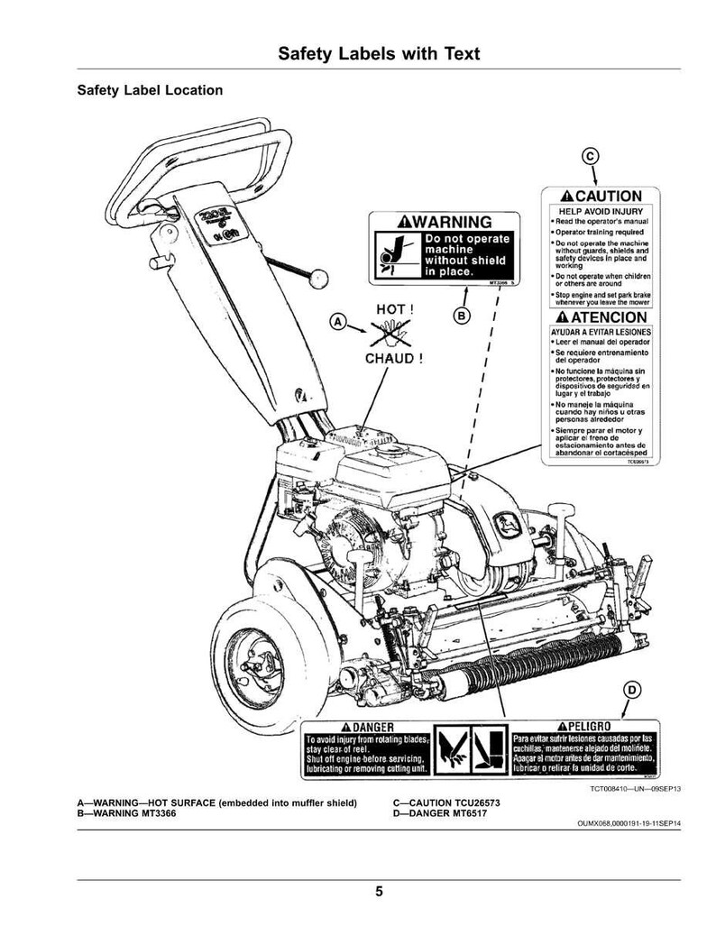 May include: Diagram of a lawn mower with safety labels. The labels warn about hot surfaces, rotating blades, and the need for shields. Text includes "WARNING", "CAUTION", and "DANGER".